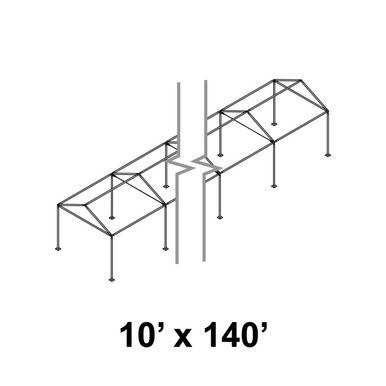 Celina Tent 10' x 140' Gable Series Frame, a structural diagram of a large outdoor tent with a rectangular layout and metal frame construction for event or shelter use.