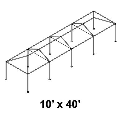 10' x 40' Classic Frame Aluminum Single Tube 8' Pole and Fitting Kit, a wireframe illustration of a large outdoor structure with multiple support poles and frame sections for event or shade coverage.