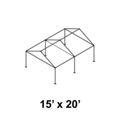 Celina Tent 15' x 20' Gable Series Frame, schematic illustration of the tent's frame structure with steel poles and support beams.