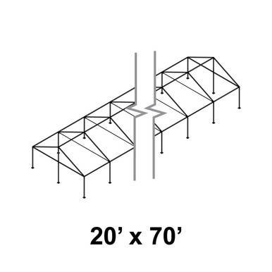 Celina Tent 20' x 70' Gable Series Frame, diagram of the tent structure with metal frame and gable roof design.