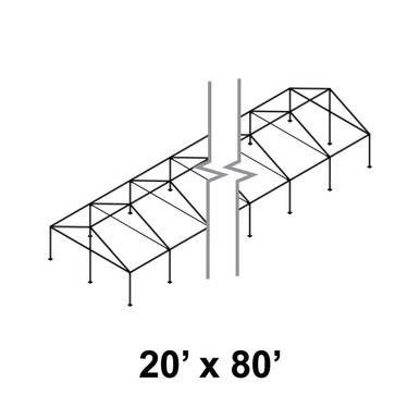 Celina Tent 20' x 80' Gable Series Frame, a detailed schematic illustration of a large rectangular frame tent with gable roof design and structural support elements.