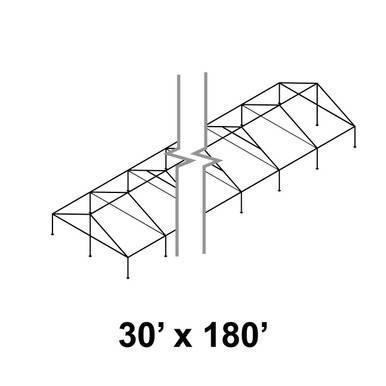 Celina Tent 30' x 180' Gable Series Frame, technical illustration of a large structure with a gable roof design and a starburst framework.