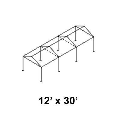 Celina Tent 12' x 30' Gable Series Frame, an illustration of a large, rectangular, open-frame tent with support beams and a gable roof design.