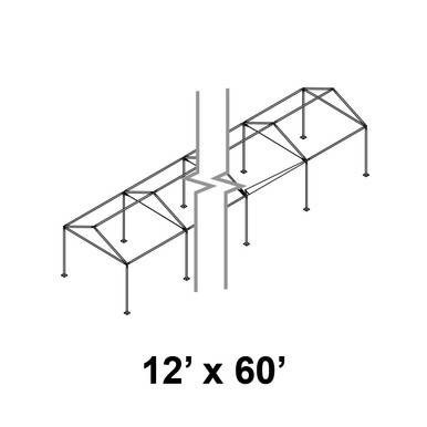 Celina Tent 12' x 60' Gable Series Frame, structural metal frame of a clear span tent with support legs and gable ends for outdoor event coverage.