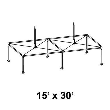 Celina Tent 15' x 30' Pinnacle High Peak Cross Cable Kit, image of the assembled tent frame structure with high peak design and cross cables for stability.