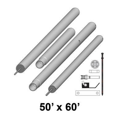 Celina Tent 50' x 60' Premiere II Series High Peak Pole Kit, image showing four aluminum poles, mounting hardware, and tools for tent assembly.