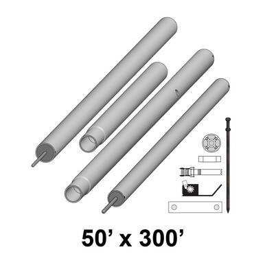Celina Tent 50' x 300' Premiere II Series High Peak Pole Kit, image showing four long grey poles along with additional hardware components used for tent setup.