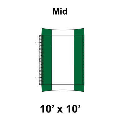 10' x 10' Master Series Frame Tent Mid, 16 oz. Ratchet Top in White and Forest Green, shown from above with a split color design and ratchet top structure.