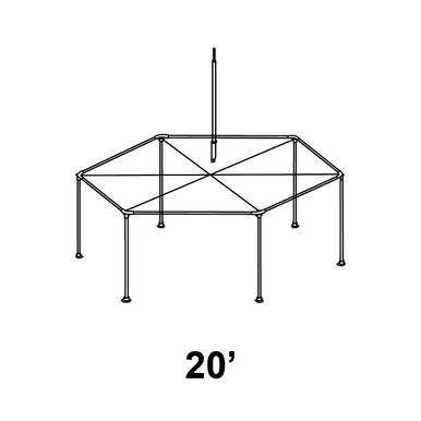 20' Pinnacle Series Hexagon High Peak Frame Tent Replacement Frame, black metal hexagon-shaped tent frame with high peak, including supporting poles and central pole for stability.