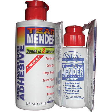 2oz. Bottle Tear Mender, a small white bottle with a red cap and label for repairing fabrics and leather quickly and permanently.