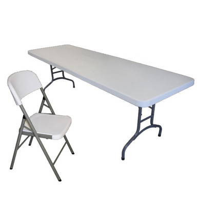 Mayfield Chair and 8' Resin Banquet Table Set, white folding chair with padded seat and black metal frame next to a large rectangular white resin table with black metal legs.