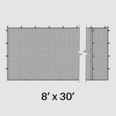 8' x 30' Black Mesh Sidewall, image showing a large outdoor black mesh sidewall with installation hooks along the top edges.