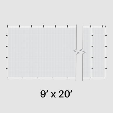 9' x 20' White Mesh Sidewall, detailed image showing the dimensions and mesh construction of the sidewall for outdoor event tents and structures.