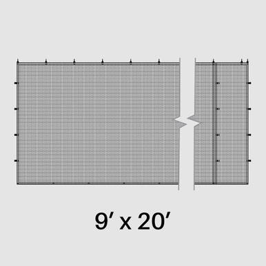9' x 20' Black Mesh Sidewall, a detailed image of a black mesh sidewall with measurement markings for fencing or enclosure setup.