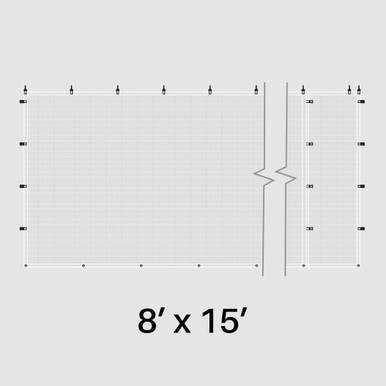 8' x 15' White Mesh Sidewall, image showing the layout and measurements of the product for outdoor event fencing or barrier system.