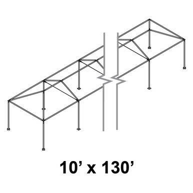 10' x 130' Classic Frame Aluminum Single Tube 8' Pole and Fitting Kit, wireframe illustration of a rectangular canopy structure with supporting poles and frame fittings.