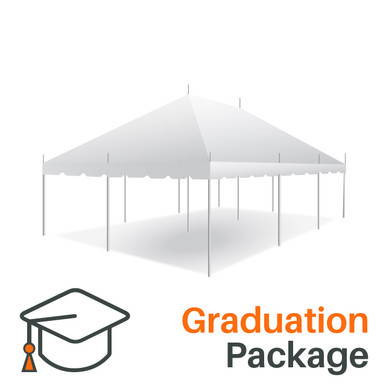 20' x 30' Classic Series Pole Tent Graduation Package, image of a large white outdoor event tent with sturdy poles and a cap on top, designed for graduation celebrations.