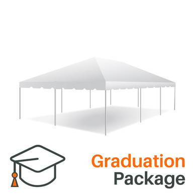 20' x 30' Classic Series Frame Tent Graduation Package, image showing a large white rectangular tent with supporting poles for graduation celebrations.