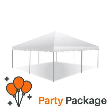 20' x 20' Classic Series Frame Tent Party Package, a white outdoor canopy tent with a peaked roof, set up on a flat surface for events or gatherings.