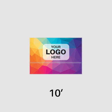 Celina 10' Printed Fast Shade Backdrops, colorful geometric pattern with a customizable logo placeholder in the center.