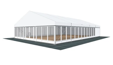 6.00m X 12.00m Höcker P-Series Party Tent, large white marquee with transparent side panels on a black ground surface.