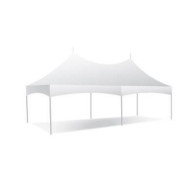 Celina Tent 20' x 30' Pinnacle Series High Peak Frame Tent / Cross Cable Marquee, Complete, white outdoor event tent with high peaked roof and sturdy support poles.