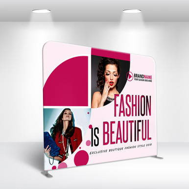 Straight Tension Fabric Display, 10' Double Sided with Hardware, modern double-sided promotional display standing in a showroom with LED lighting.