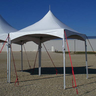 10' X 10' Pinnacle Series High Peak Frame Tent / Cross Cable Marquee, complete white canopy tent set up outdoors with the tent supported by multiple poles and red guy lines on a grassy area under a clear blue sky.