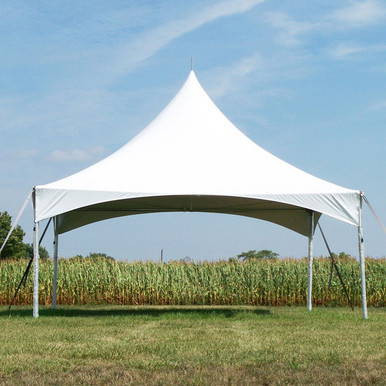 20' x 20' Pinnacle Series, White Cross Cable Tent, Complete, outdoor event tent with peaked roof and open sides set up on grassy field under blue sky.