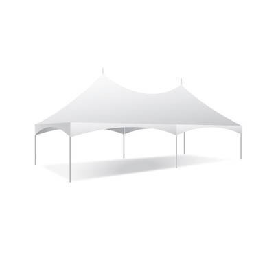 20' x 40' Pinnacle Series, White Cross Cable Tent, Complete, with a large white event tent featuring a peaked roof and open sides for outdoor gatherings.