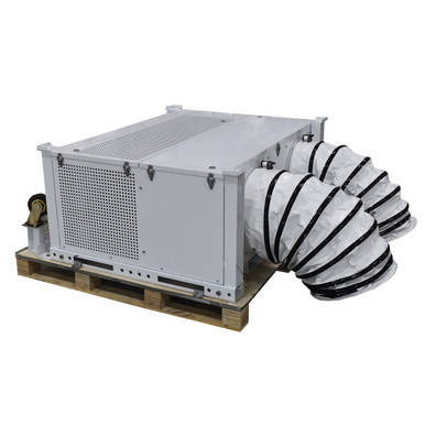 5 Ton Heating and Cooling Mobile Unit, large industrial climate control unit with ducting hoses for portable heating and cooling applications.