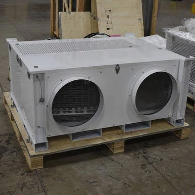 5 Ton Heating and Cooling Mobile Unit, white industrial HVAC cooling and heating unit with dual fans on a wooden pallet in a warehouse.