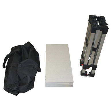 3.5' x 2' Folding Table, foldable table with black carry bag, stacked white tables, and folded metal legs for easy transportation and storage.