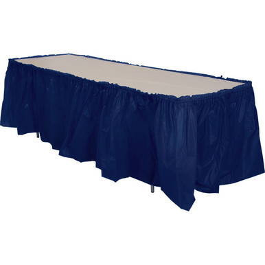 14' Plastic Skirt - Navy Blue, a plastic table skirt in navy blue with ruffled edges and floor-length design.