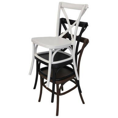 White Dover Cross Back Chair, stack of elegant white, black, and brown cross-back dining chairs stacked together.