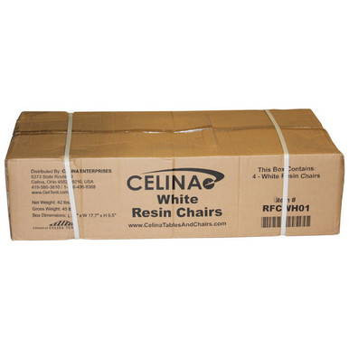 Oxford Mahogany Resin Chairs x56, image of a large cardboard box containing 56 white resin chairs, labeled with product and brand information.