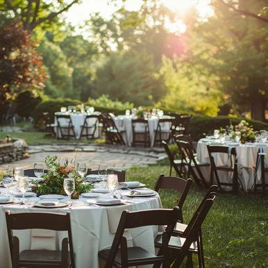 Oxford Mahogany Resin Chairs x56, outdoor event setup with elegant tables and chairs in a scenic garden setting.