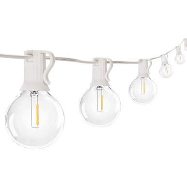 25' White Bistro String Lights, close-up of clear incandescent bulbs hanging on a white wire.
