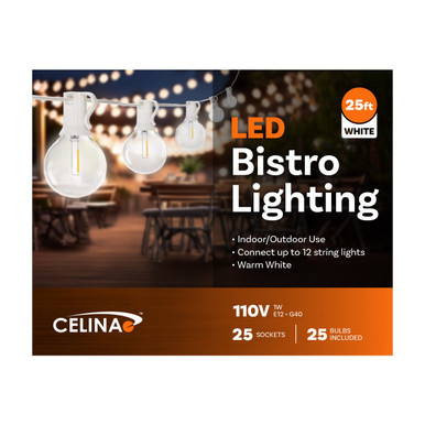 25' White Bistro String Lights, product packaging showing warm white LED bulbs hanging in an outdoor setting for ambient lighting.