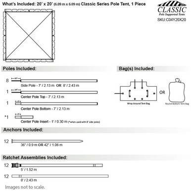 20' X 20' Classic Pole Tent, White Top, 7' Galvanized Kit, detailed diagram highlighting pole and anchor components, including side poles, center pole, bottom pole, and various accessories for outdoor event coverage.