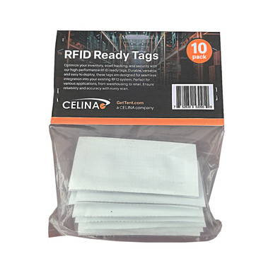 RFID Ready Tags – 10 Pack, transparent adhesive RFID tags in a clear plastic bag with a black and orange label