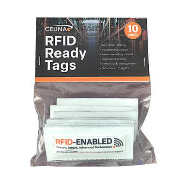 RFID Ready Tags – 10 Pack, image of a package containing ten white RFID tags in a clear plastic bag.