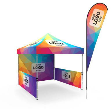 10 x 10 Fast Shade Package #1, colorful promotional tent with logo display, side banners, and tall feather flag for outdoor advertising.