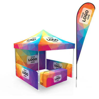 10 x 10 Fast Shade Package #2, a colorful pop-up canopy tent with custom logo areas, featuring a vibrant rainbow geometric design on the canopy and supporting banner.