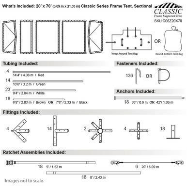 20' x 70' Classic Series Frame Tent, Sectional Tent Top, Complete - detailed diagram showing components, tubing, fasteners, anchors, fittings, and ratchet assemblies for a durable, sectional fabric tent structure.