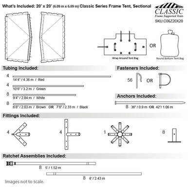 20' x 20' Hybrid Classic Series Frame Tent, Sectional Tent Top, Complete, with sectional diagrams, list of tubing, fasteners, anchors, fittings, and ratchet assemblies included.