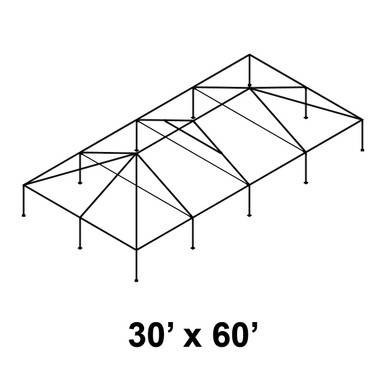 30' x 60' Classic Frame Aluminum Single Tube 10' Pole and Fitting Kit, image showing a large outdoor shade or structure frame with multiple support poles and connecting beams.
