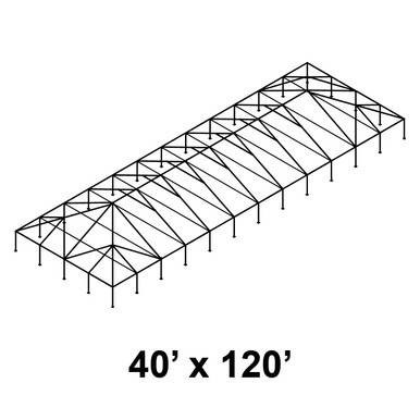 40' x 120' Classic Frame Aluminum Single Tube 10' Pole and Fitting Kit, an outline diagram of a large, sturdy aluminum frame structure with a pitched roof and supporting poles.