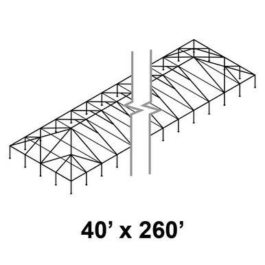 40' x 260' Classic Frame Aluminum Single Tube 8' Pole and Fitting Kit, image showing a large outdoor metal frame structure with interconnected support beams and a central pole.