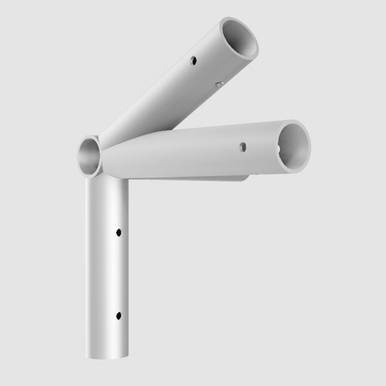 Gable Left Corner Fitting, white metal corner fittings for structural support with three connected cylindrical tubes